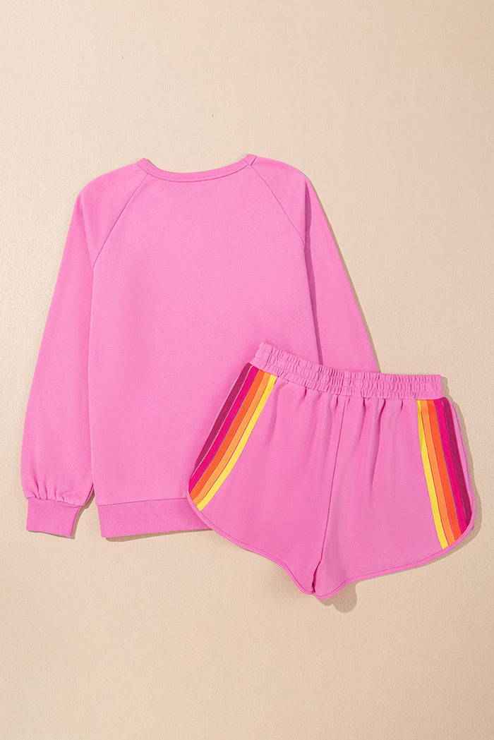 Ensemble décontracté deux pièces pull et short à rayures rose