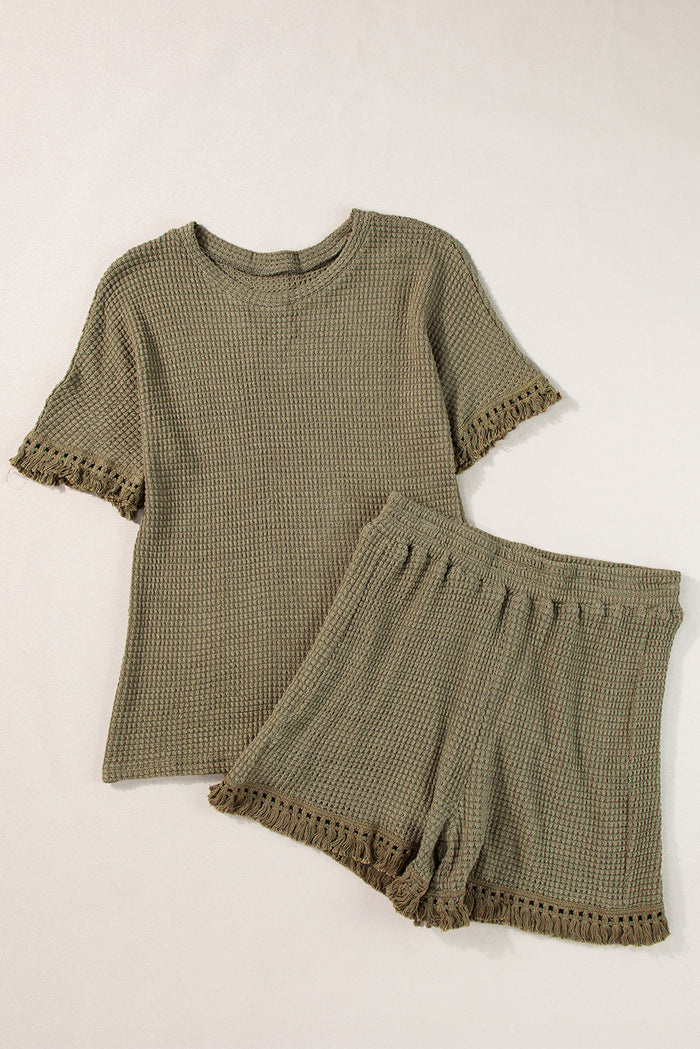 Ensemble deux pièces court texturé à franges vert laurier-A WOMAN WE LOVE