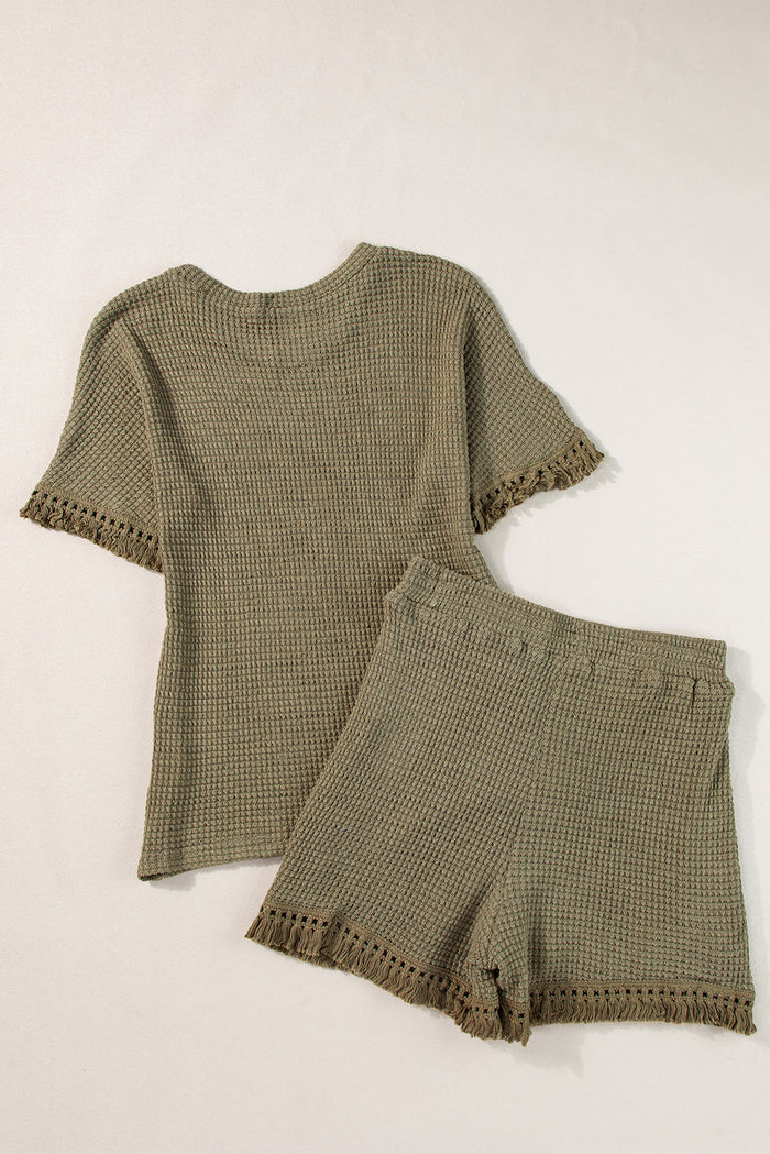 Ensemble deux pièces court texturé à franges vert laurier-A WOMAN WE LOVE
