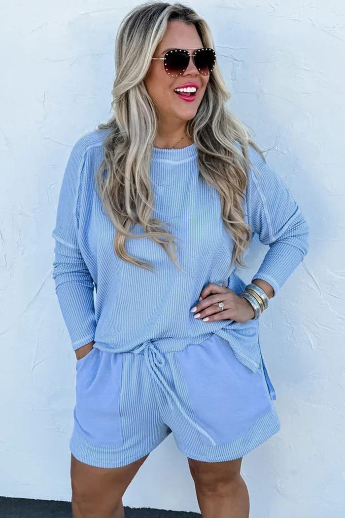 Ensemble haut côtelé à manches longues et short à cordon de serrage bleu clair de grande taille-A WOMAN WE LOVE