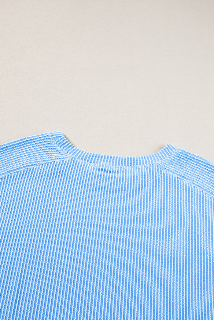 Ensemble haut côtelé à manches longues et short à cordon de serrage bleu clair de grande taille-A WOMAN WE LOVE