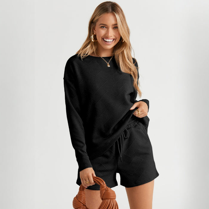 Ensemble haut texturé noir à manches longues et short à cordon de serrage