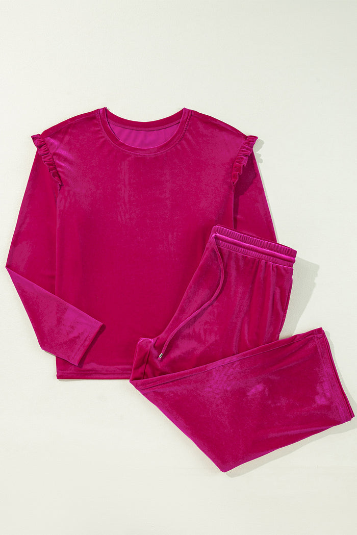 Ensemble pantalon deux pièces à volants en velours uni rouge Rose-A WOMAN WE LOVE