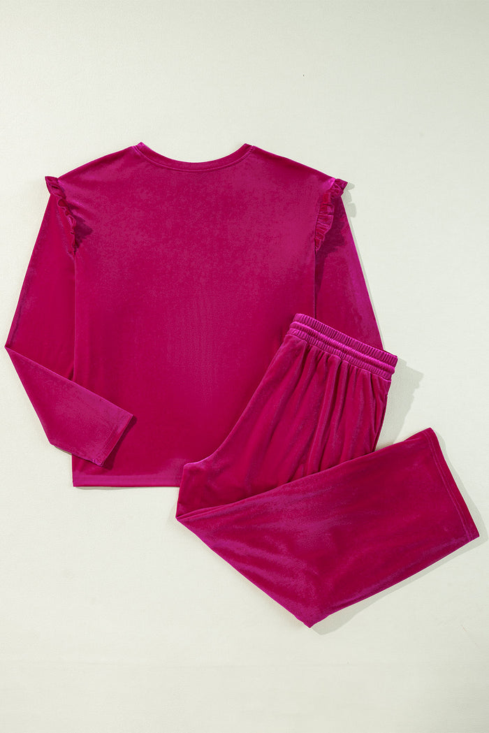 Ensemble pantalon deux pièces à volants en velours uni rouge Rose-A WOMAN WE LOVE