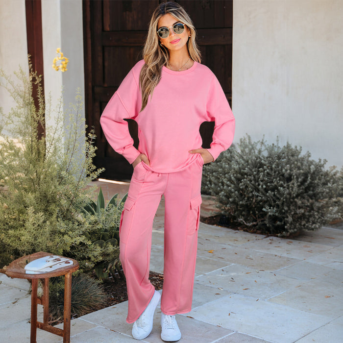Ensemble pull-over patchwork de couleur unie rose Sachet et pantalon cargo