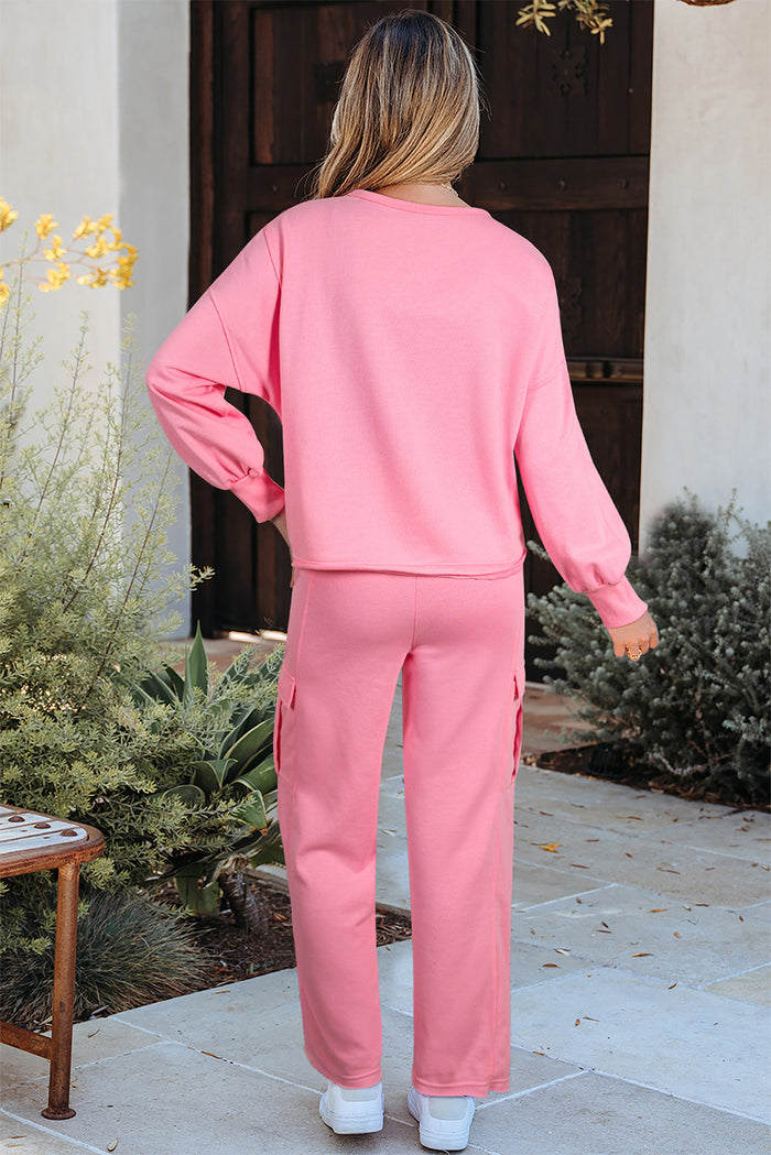 Ensemble pull-over patchwork de couleur unie rose Sachet et pantalon cargo