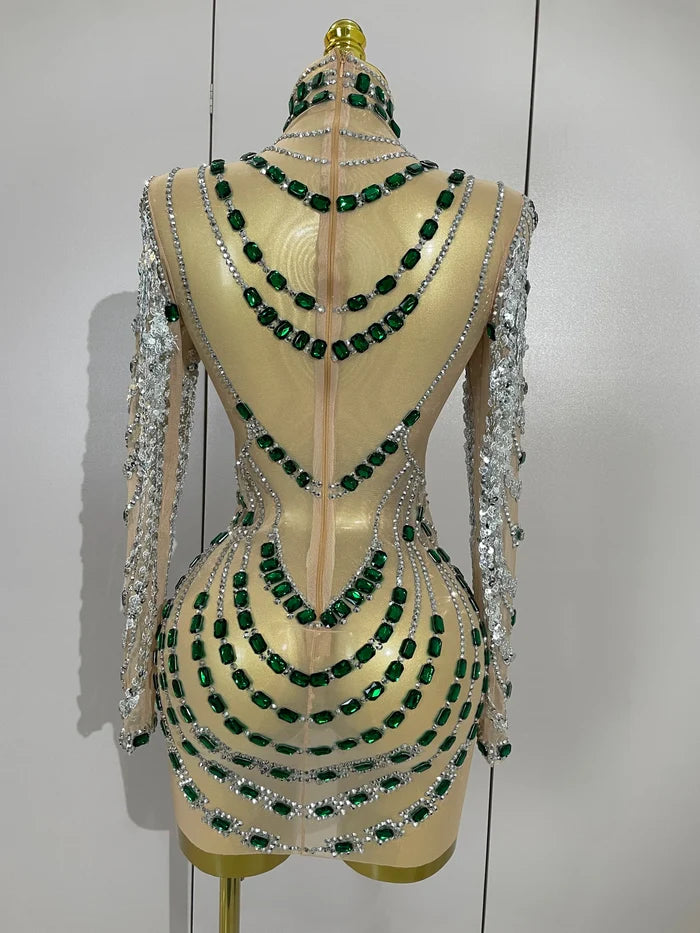 V neck mini bodycon dress with pearl beading and feather detailing