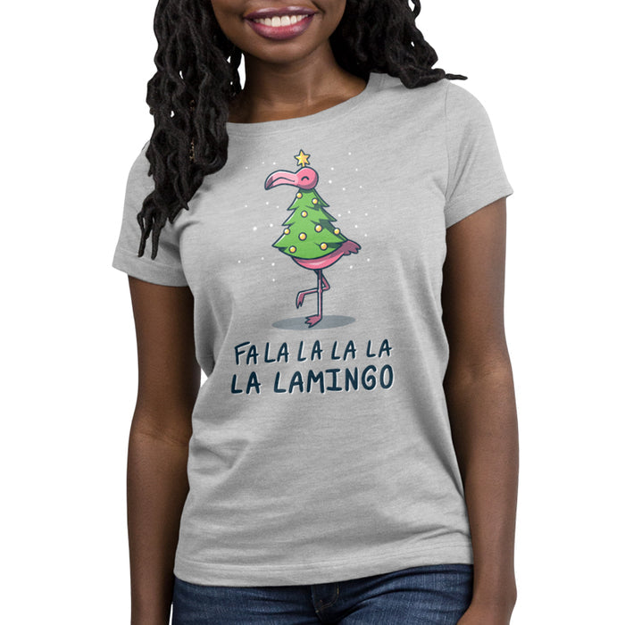 Premium Cotton T-shirt_TeeTurtle Fa La La Lamingo silver gray t-shirt featuring a flamingo dressed up as a Christmas tree