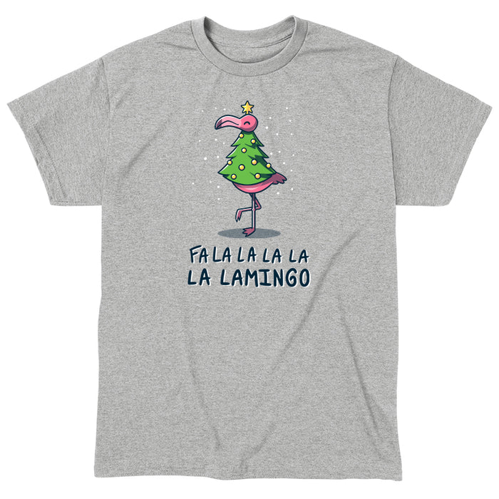 Classic Cotton T-shirt_TeeTurtle Fa La La Lamingo heather gray t-shirt featuring a flamingo dressed up as a Christmas tree