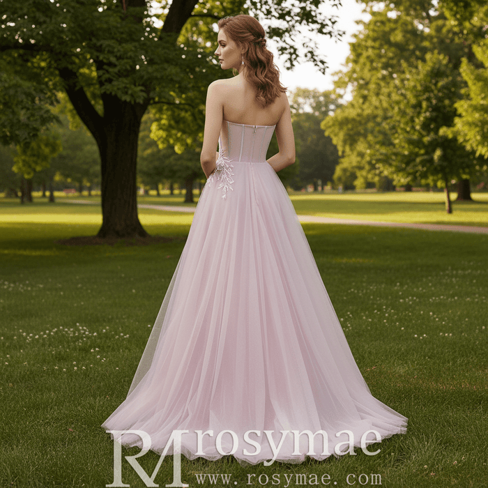 Fairytale Leafy Sequined Appliqués Blush Formal Gown with Asymmetric High Slit - Rosymae