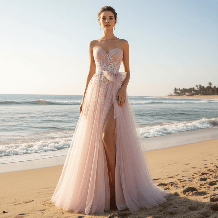 Fairytale Leafy Sequined Appliqués Blush Formal Gown with Asymmetric High Slit - Rosymae