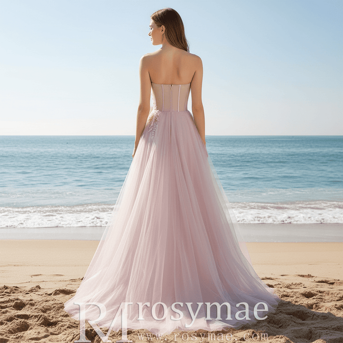 Fairytale Leafy Sequined Appliqués Blush Formal Gown with Asymmetric High Slit - Rosymae