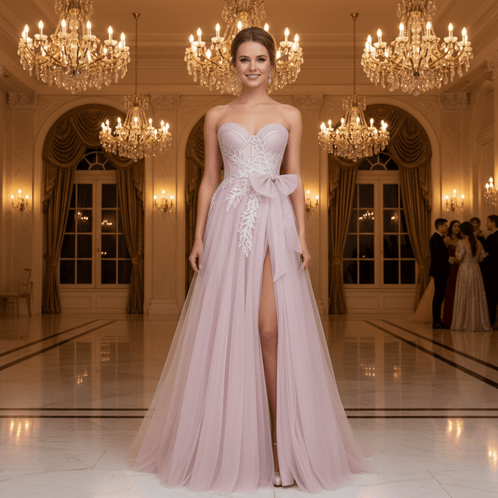 Fairytale Leafy Sequined Appliqués Blush Formal Gown with Asymmetric High Slit - Rosymae