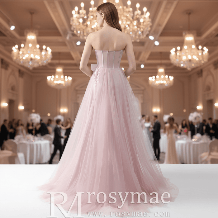 Fairytale Leafy Sequined Appliqués Blush Formal Gown with Asymmetric High Slit - Rosymae