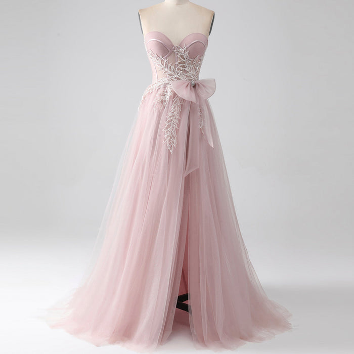 Fairytale Leafy Sequined Appliqués Blush Formal Gown with Asymmetric High Slit - Rosymae