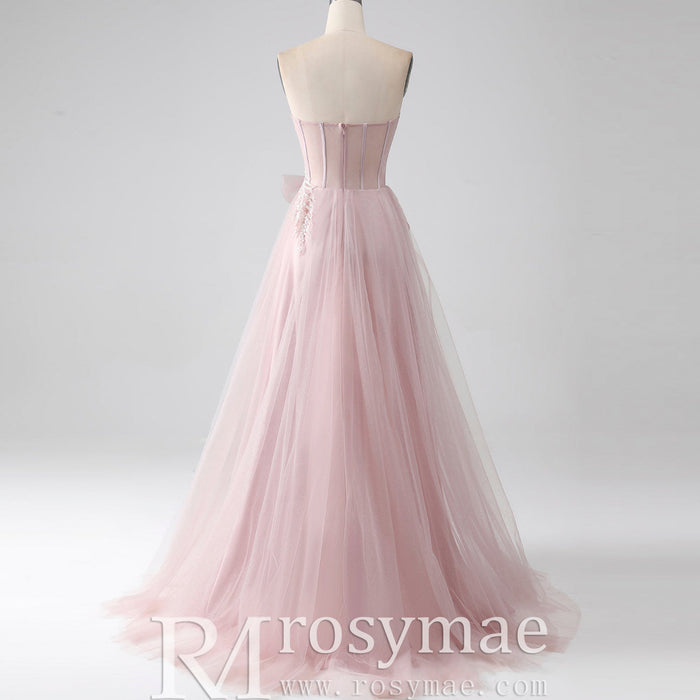Fairytale Leafy Sequined Appliqués Blush Formal Gown with Asymmetric High Slit - Rosymae