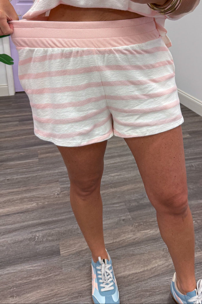 pink and white striped elastic waistband lightweight knit shorts