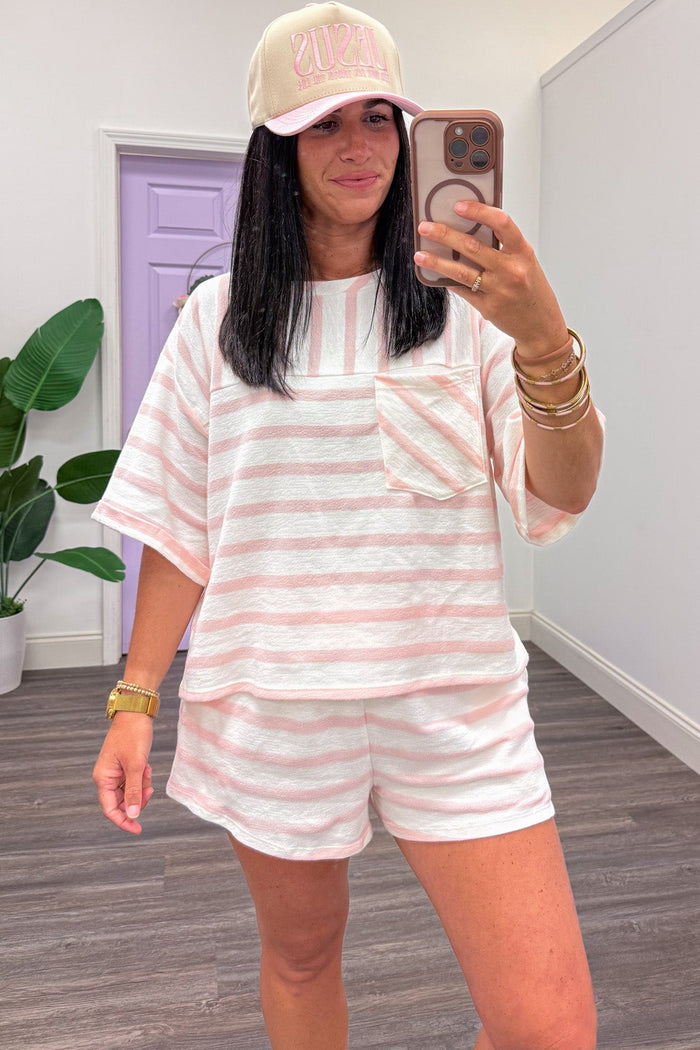 pink and white striped short sleeve lightweight knit top