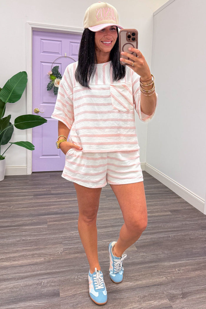 pink and white striped drop shoulder short sleeve lightweight knit top