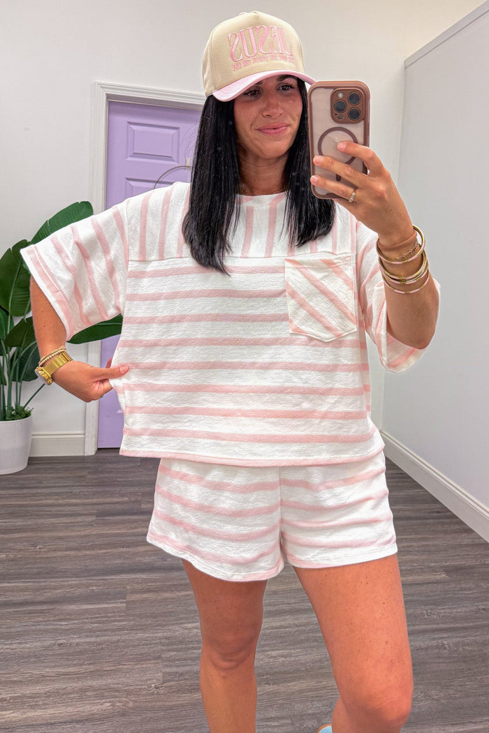 pink and white striped short sleeve lightweight knit top relaxed silhouette