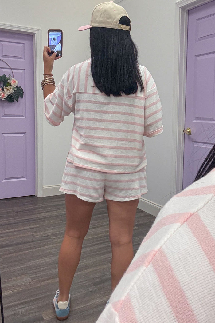 light pink and white striped short sleeve lightweight knit top