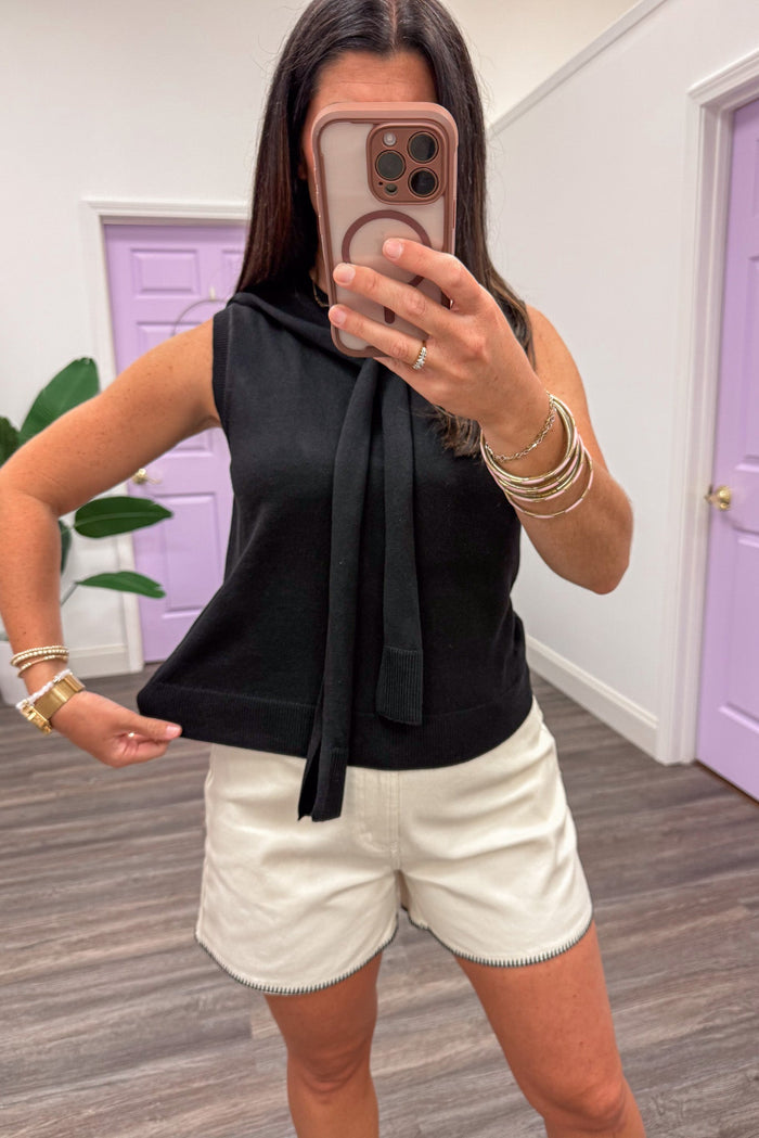 solid black sleeveless ribbed trim lightweight knit top with self tie drape scarf