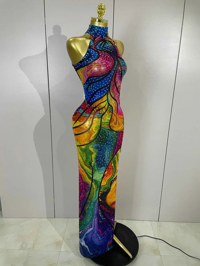 Felicia Colorful Rhinestone Print High Slit Sleeveless Long Dress