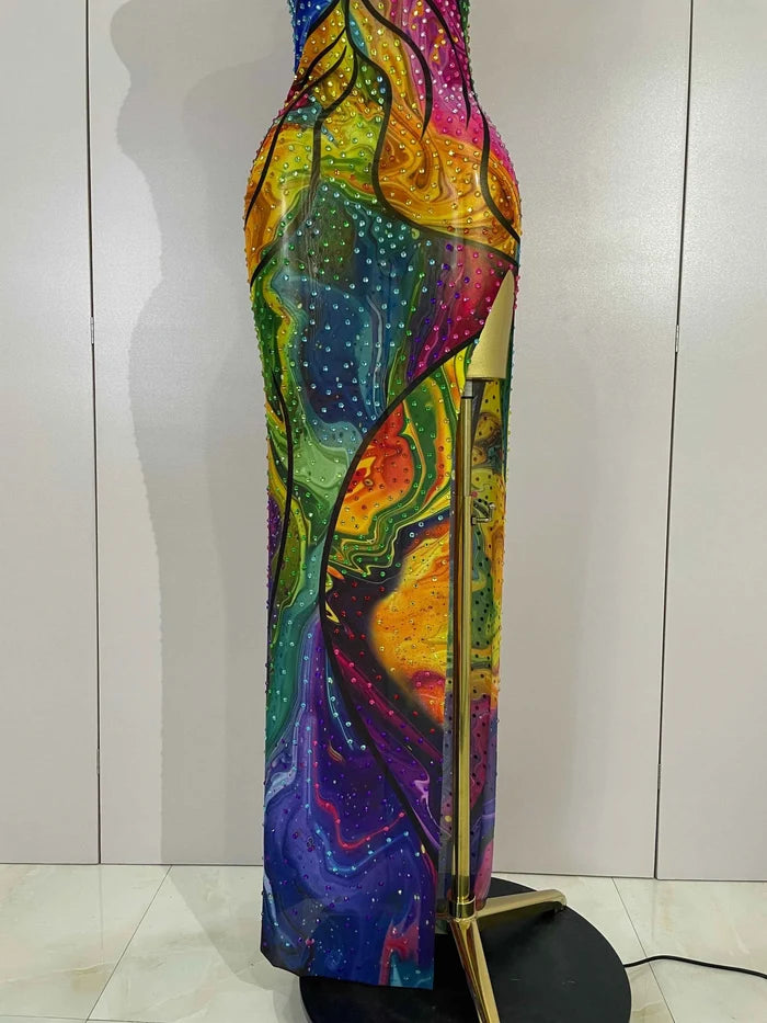 Felicia Colorful Rhinestone Print High Slit Sleeveless Long Dress