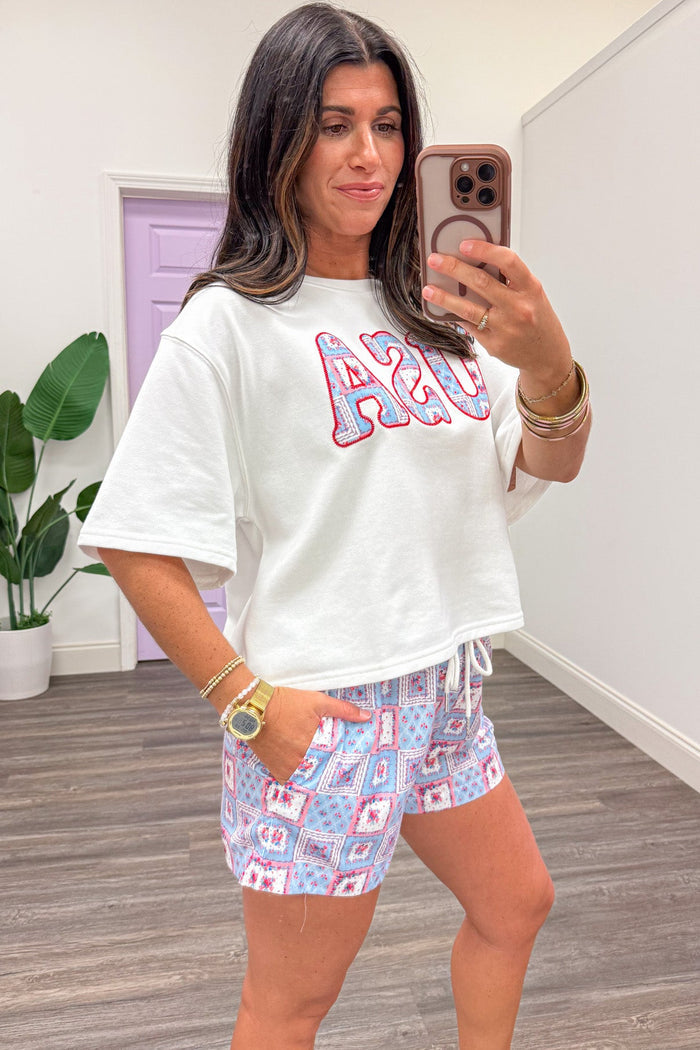 white with embroidered patchwork print usa drop shoulder short sleeve terry knit top