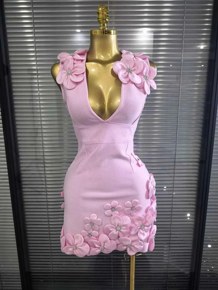 Flora Sleeveless Sexy V-Neck Florals Bodycon Mini Bandage Dress