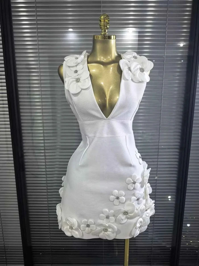 Flora Sleeveless Sexy V-Neck Florals Bodycon Mini Bandage Dress