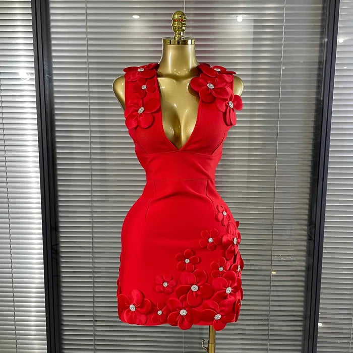 Flora Sleeveless Sexy V-Neck Florals Bodycon Mini Bandage Dress