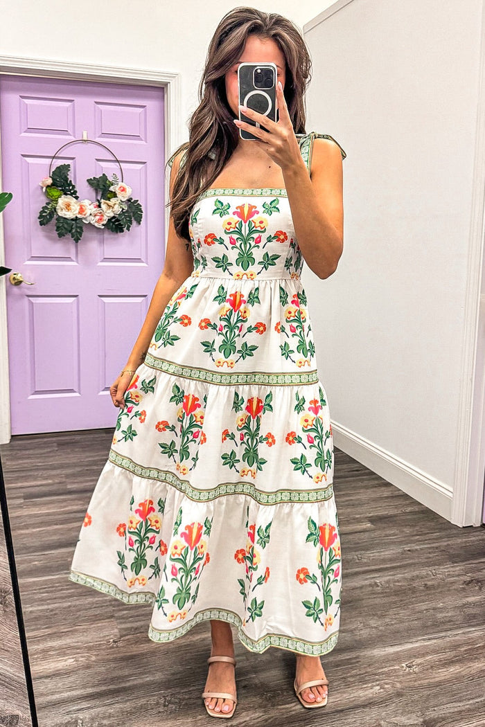 ivory green and orange floral print sleeveless midi dress with tiered skirt