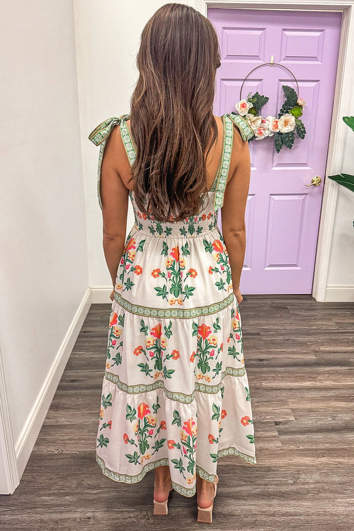 ivory green and orange floral print sleeveless smocked back midi dress