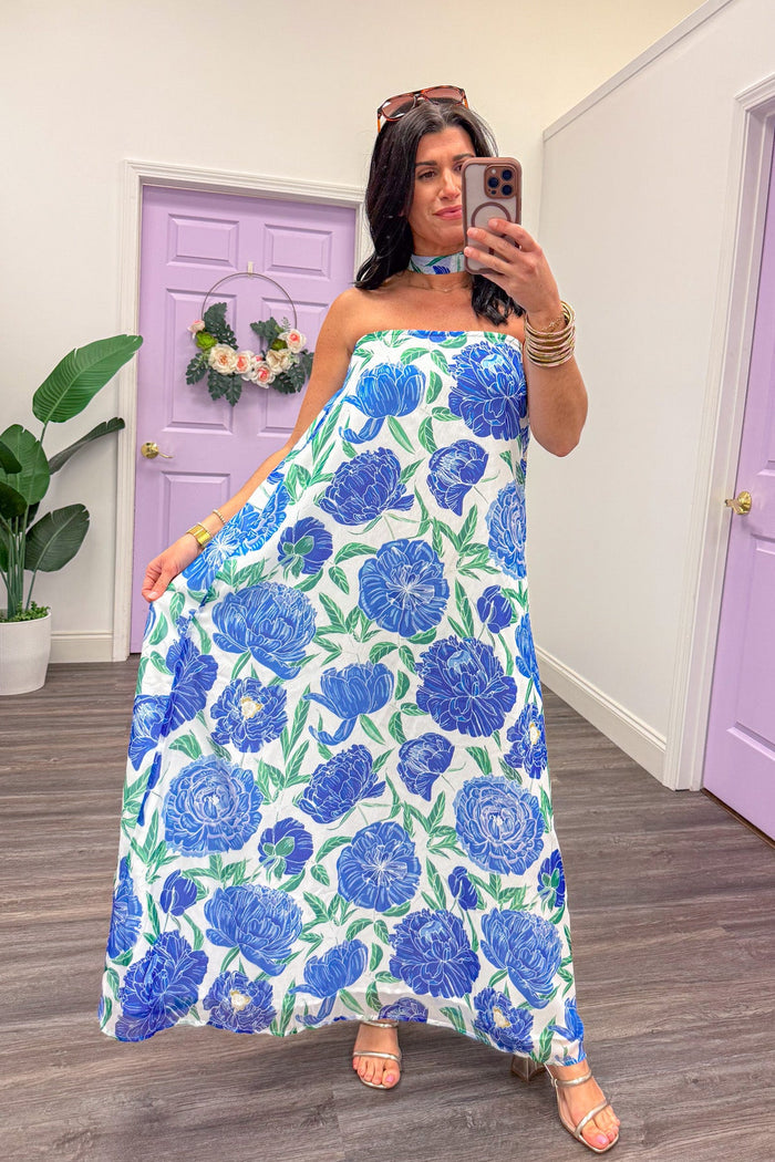 blue and green floral print strapless maxi dress