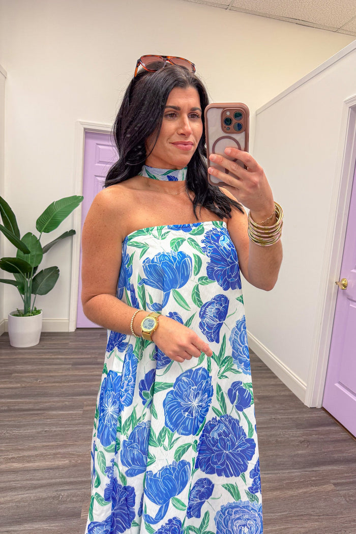 blue and green floral print strapless dress details