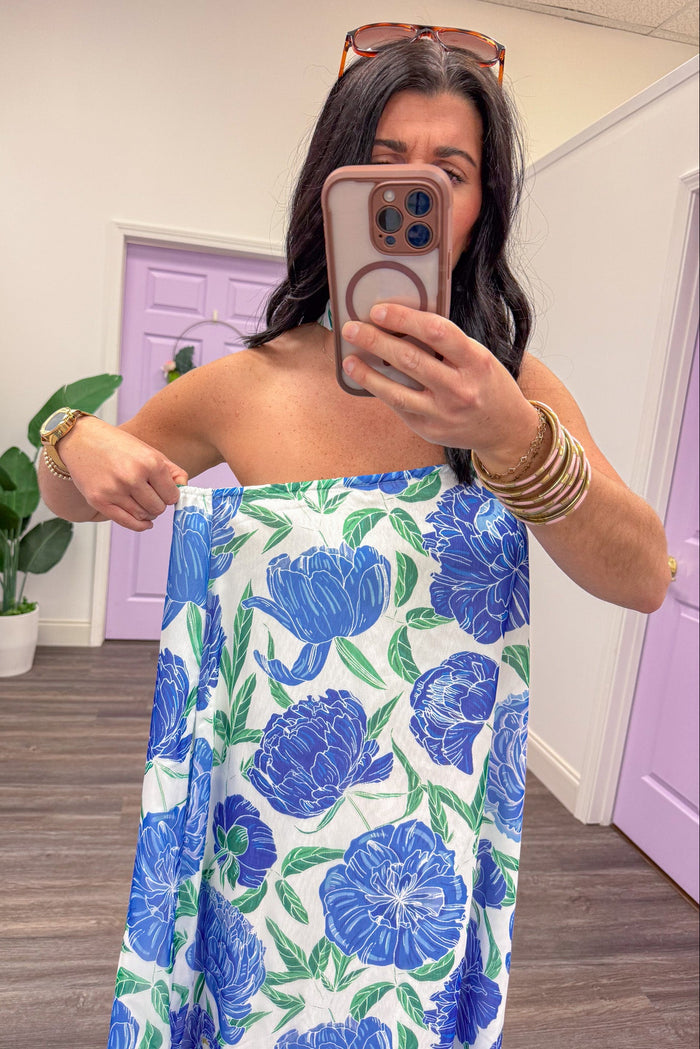 blue and green floral print strapless midi dress