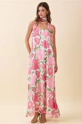 women's strapless neck scarf floral maxi dress pink and green