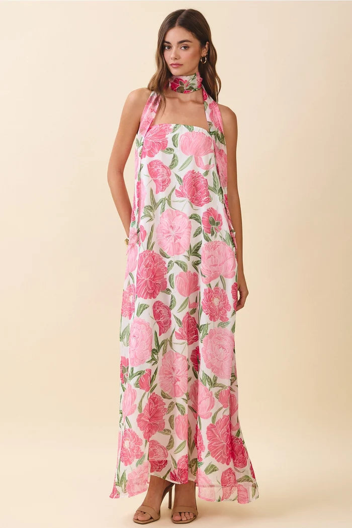women's strapless neck scarf floral maxi dress pink and green