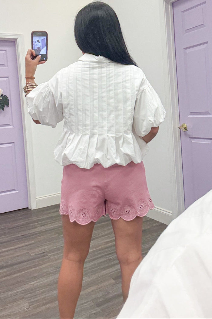 pink twill eyelet floral embroidery scalloped hem shorts