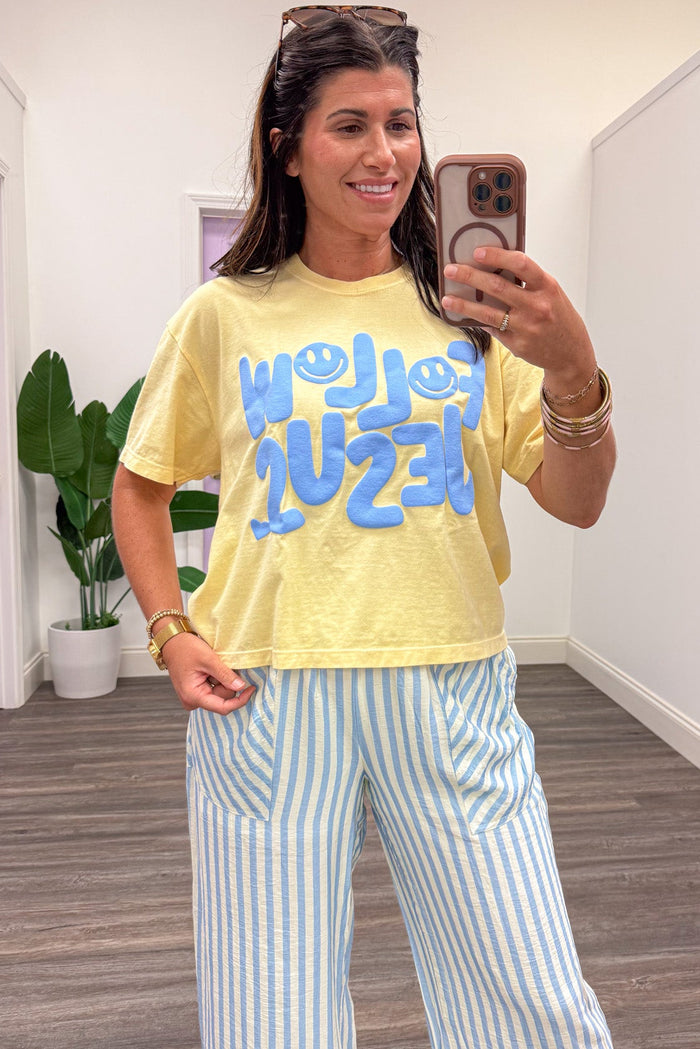 yellow with blue follow jesus smiley face graphic short sleeve cropped t-shirt