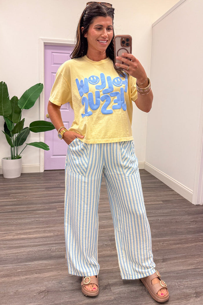 yellow with blue follow jesus smiley face graphic short sleeve crew neckline cropped t-shirt