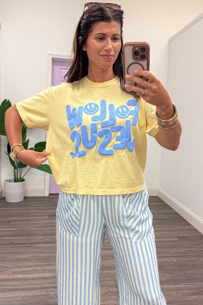 yellow with blue follow jesus smiley face graphic short sleeve comfort colors cropped t-shirt
