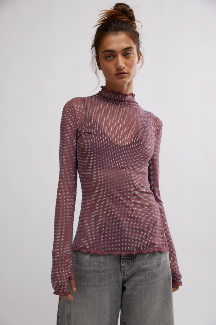 Womens Mauve Glitter Sheer Long Sleeve