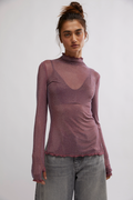 Womens Mauve Glitter Sheer Long Sleeve