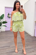 pistachio green with cream embroidered eyelet flowers halter romper