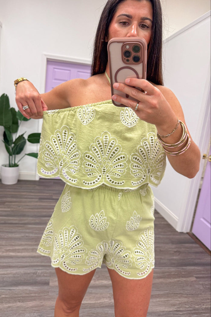 pistachio green with cream embroidered eyelet flowers layered bodice halter romper