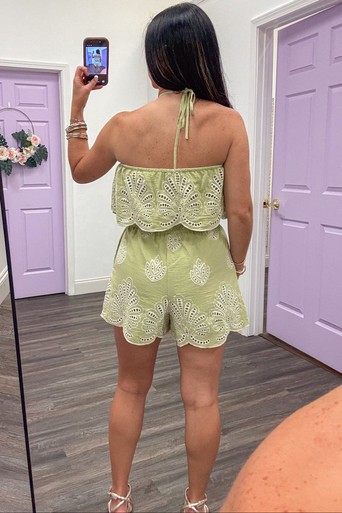 pistachio green with cream embroidered eyelet flowers spaghetti strap halter romper