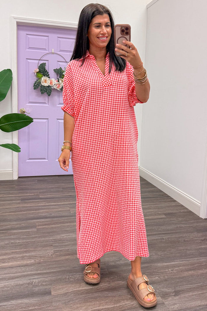 red and white gingham print short sleeve midi dress with collared v neckline