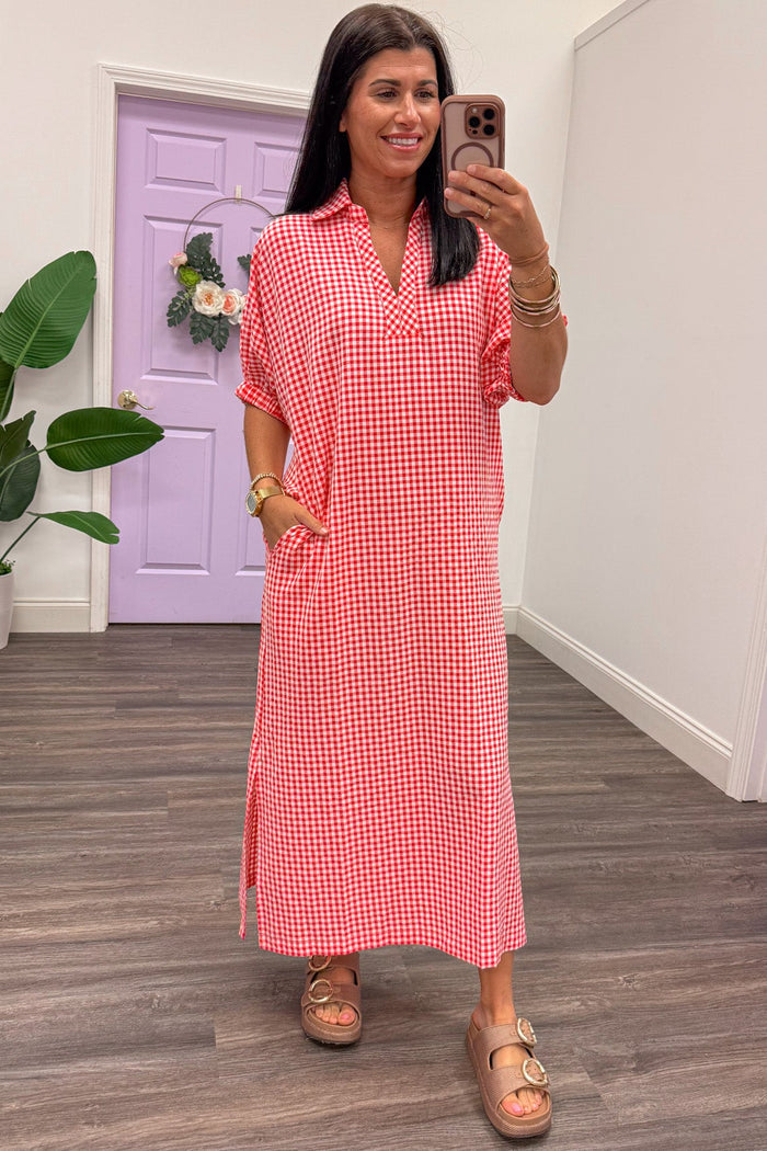 red and white gingham print short sleeve midi dress with side pockets